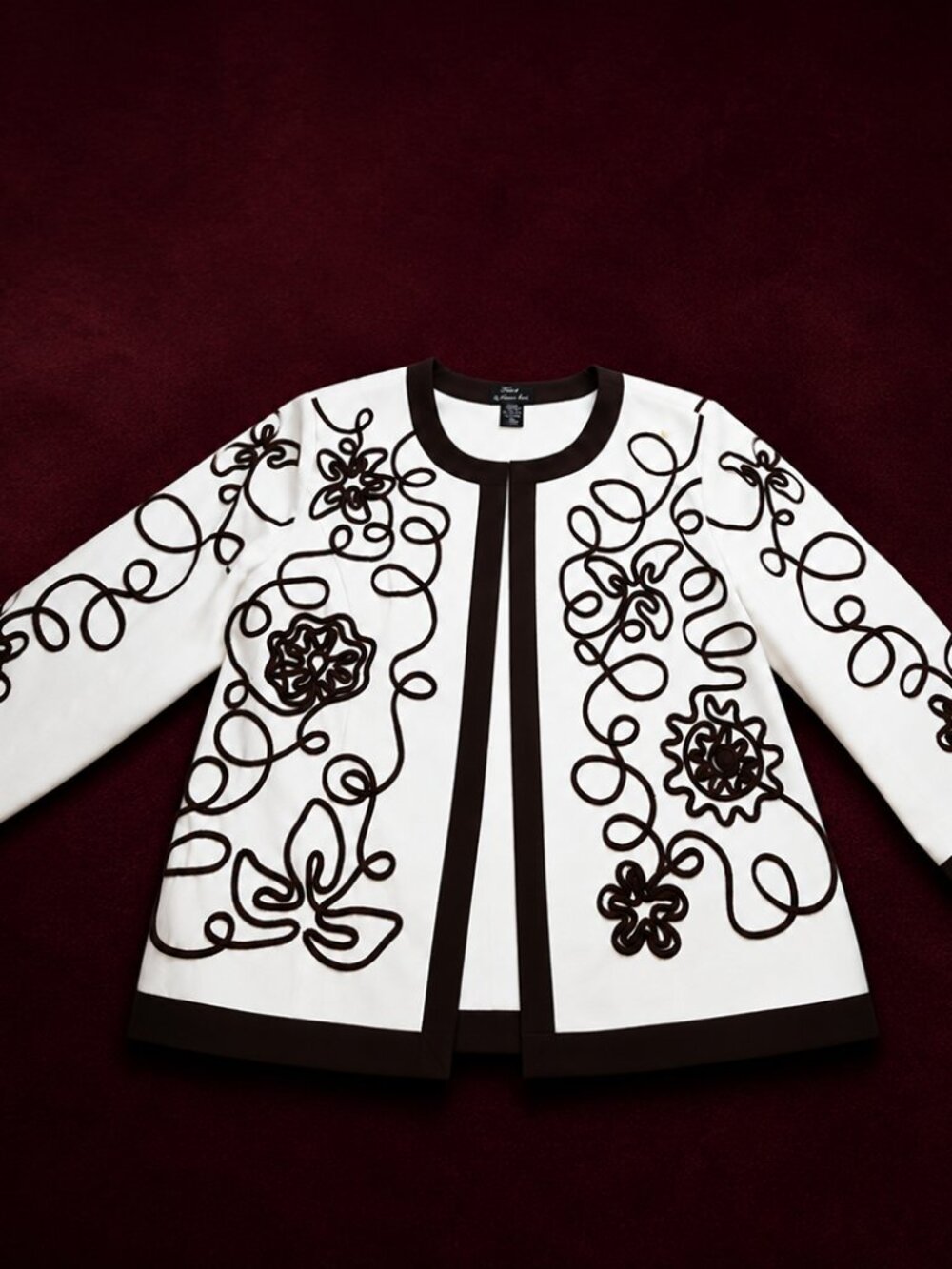 White Brown Floral Cord Embroidered Jacket XL Open Front Statement Layer